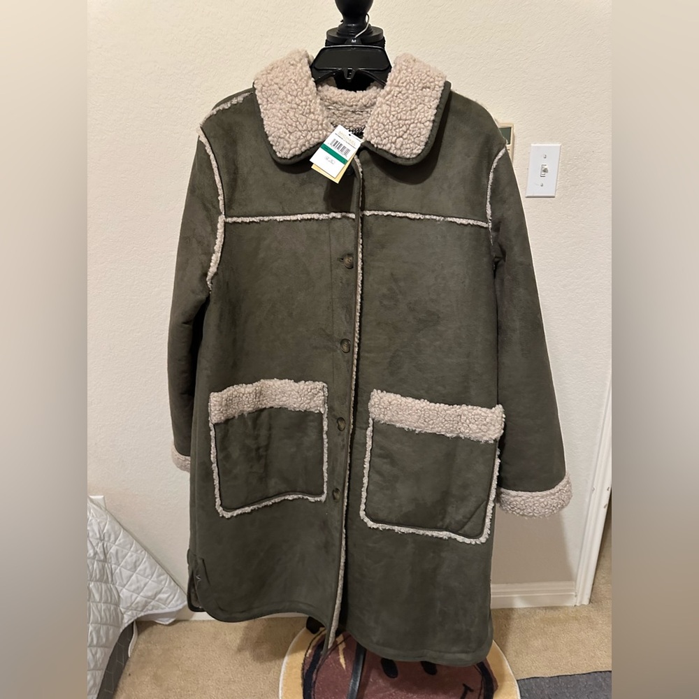 Michael Kors Faux Shearling Coat Olive Hazelnut Warm Winter Size Large. NWT. - Picture 4 of 11